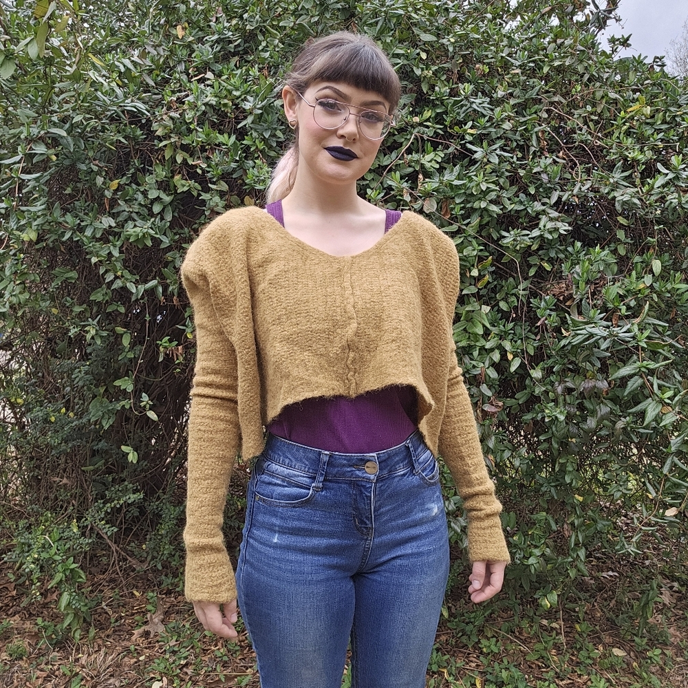 Free People Cropped Popcorn Mustard Yellow Sweater Alpaca / Nylon Blend - Picture 14 of 14